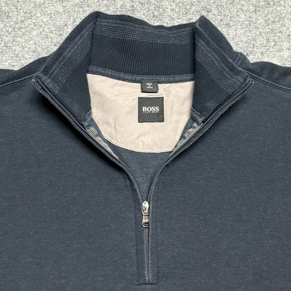 Hugo Boss 1/4 Zip Pullover Men XL Navy Blue Designer Cotton Knit Sweater